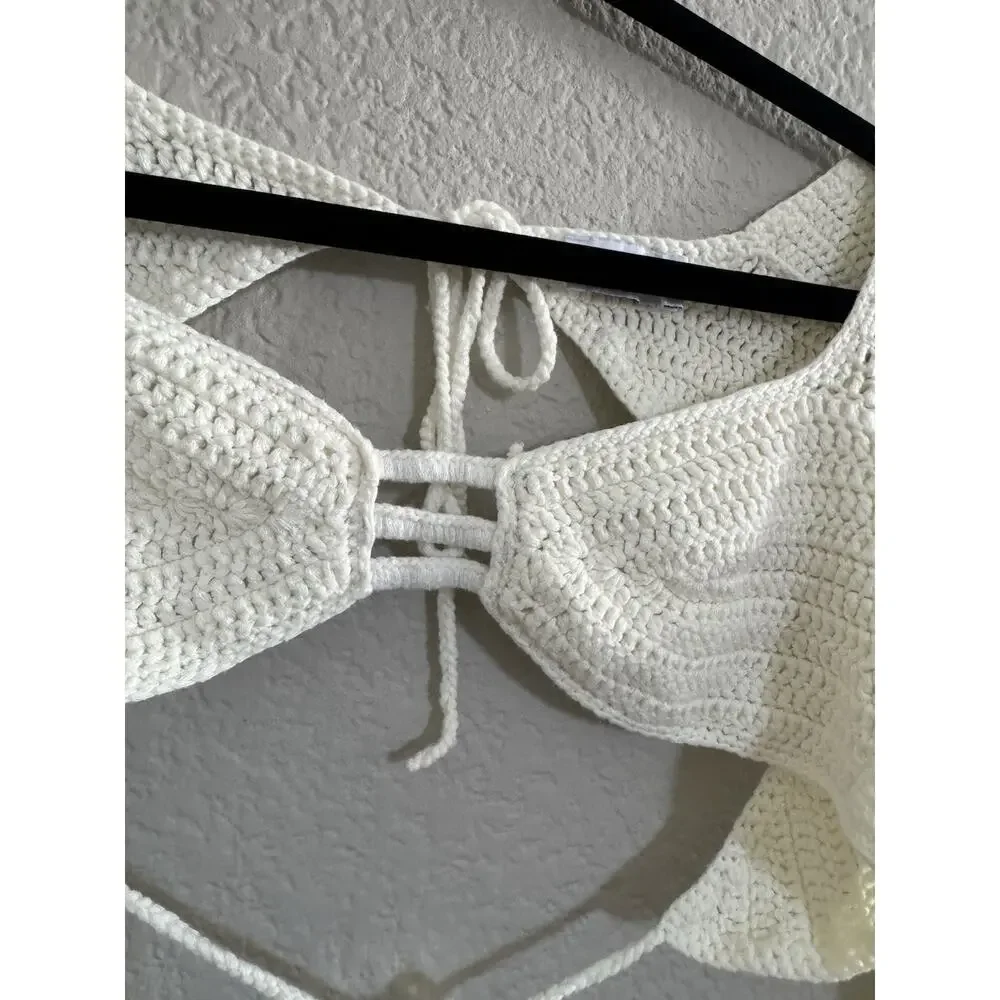 Tiger Mist XS Ivory Crochet Open Back Tie Long Sleeve Crop Top Festival #7407